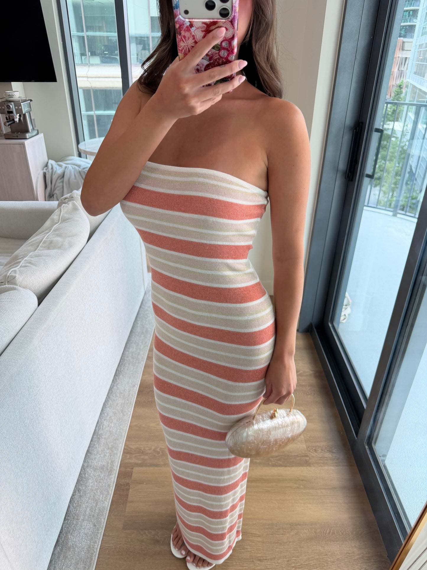 Celia Shimmer Dress - PEACH STRIPE
