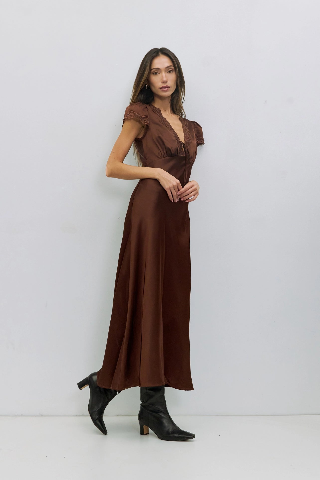 Vivi Lace Trim Satin Midi Dress