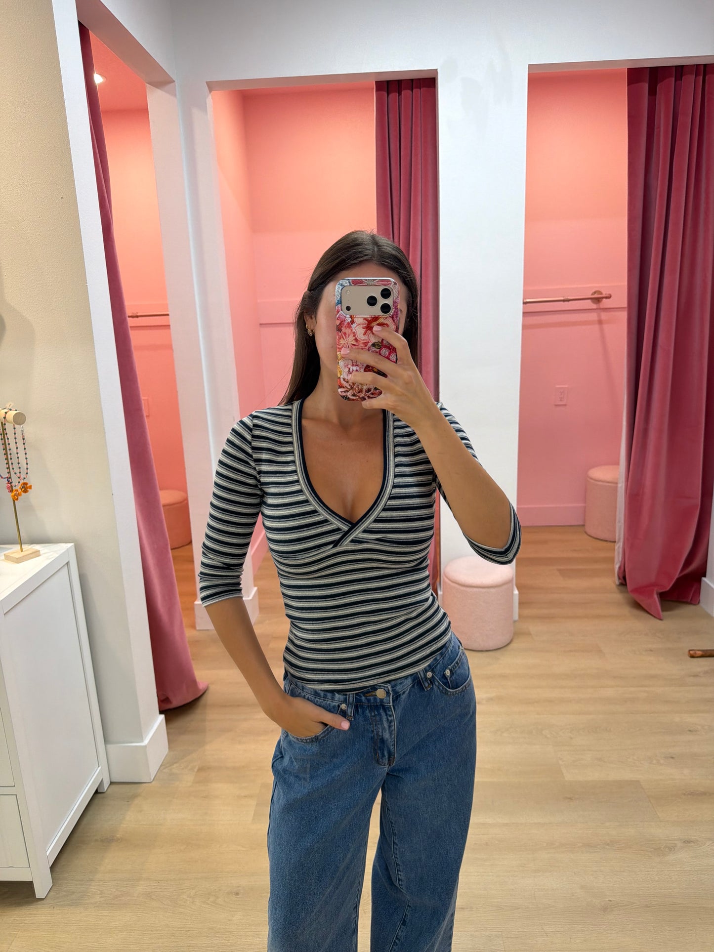 Piper Quarter Sleeve Top - Navy and Grey Stripe