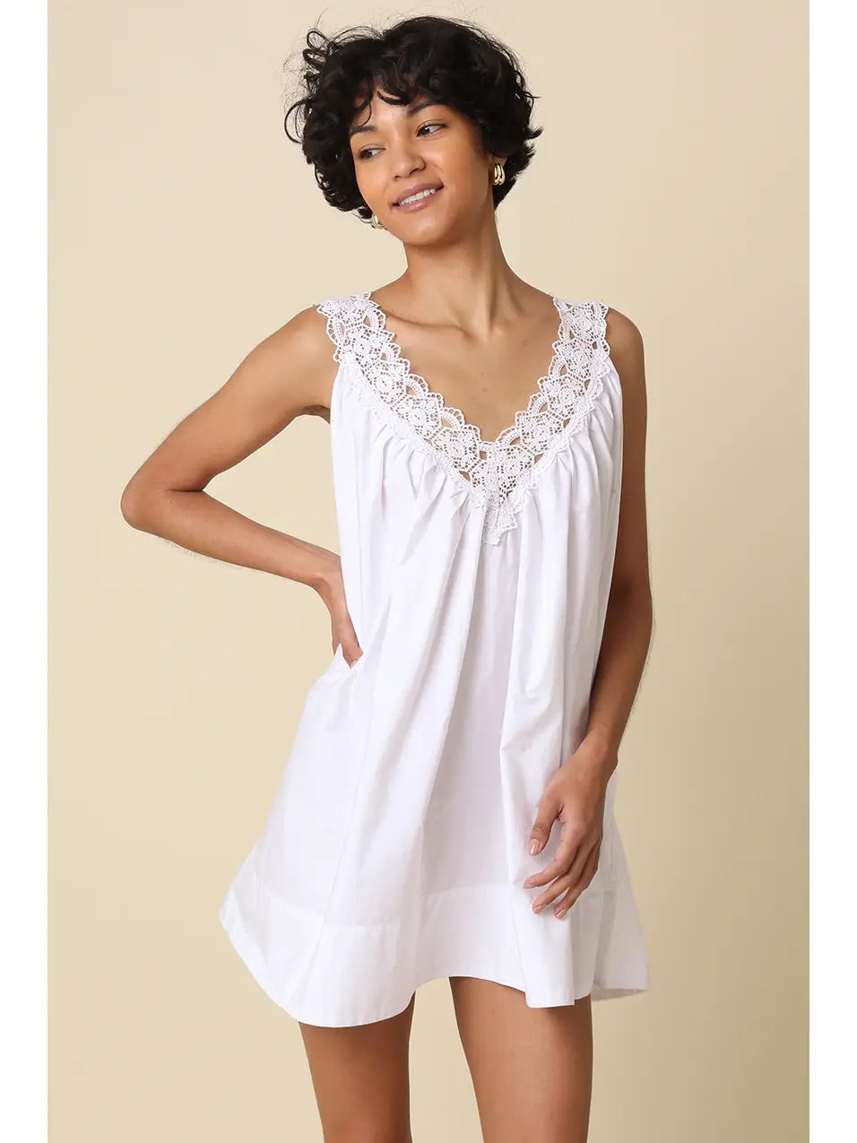 Liora Lace Trim Babydoll Dress - WHITE