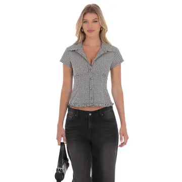 Becky Button-Up Ruffle Top in Black Gingham