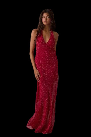 Kya Halter Open Back Maxi Dress- Red