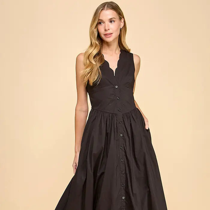 Caro Scalloped Neckline Button Up Dress