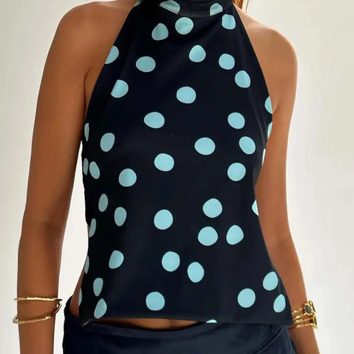 Olivia Polka Dot Halter Top - Blue