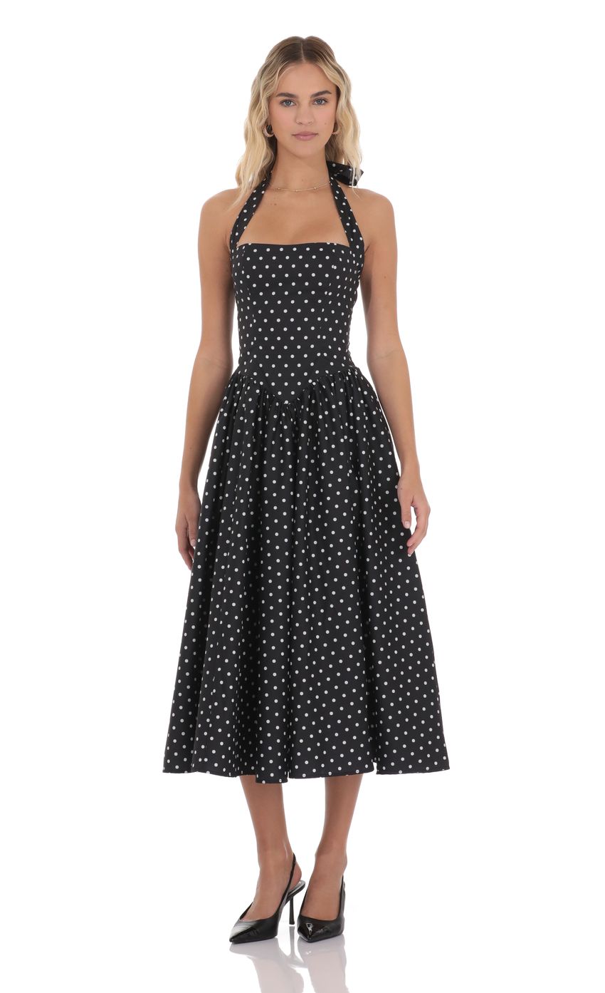 Tatum Polka Dot Halter Midi Dress - Black