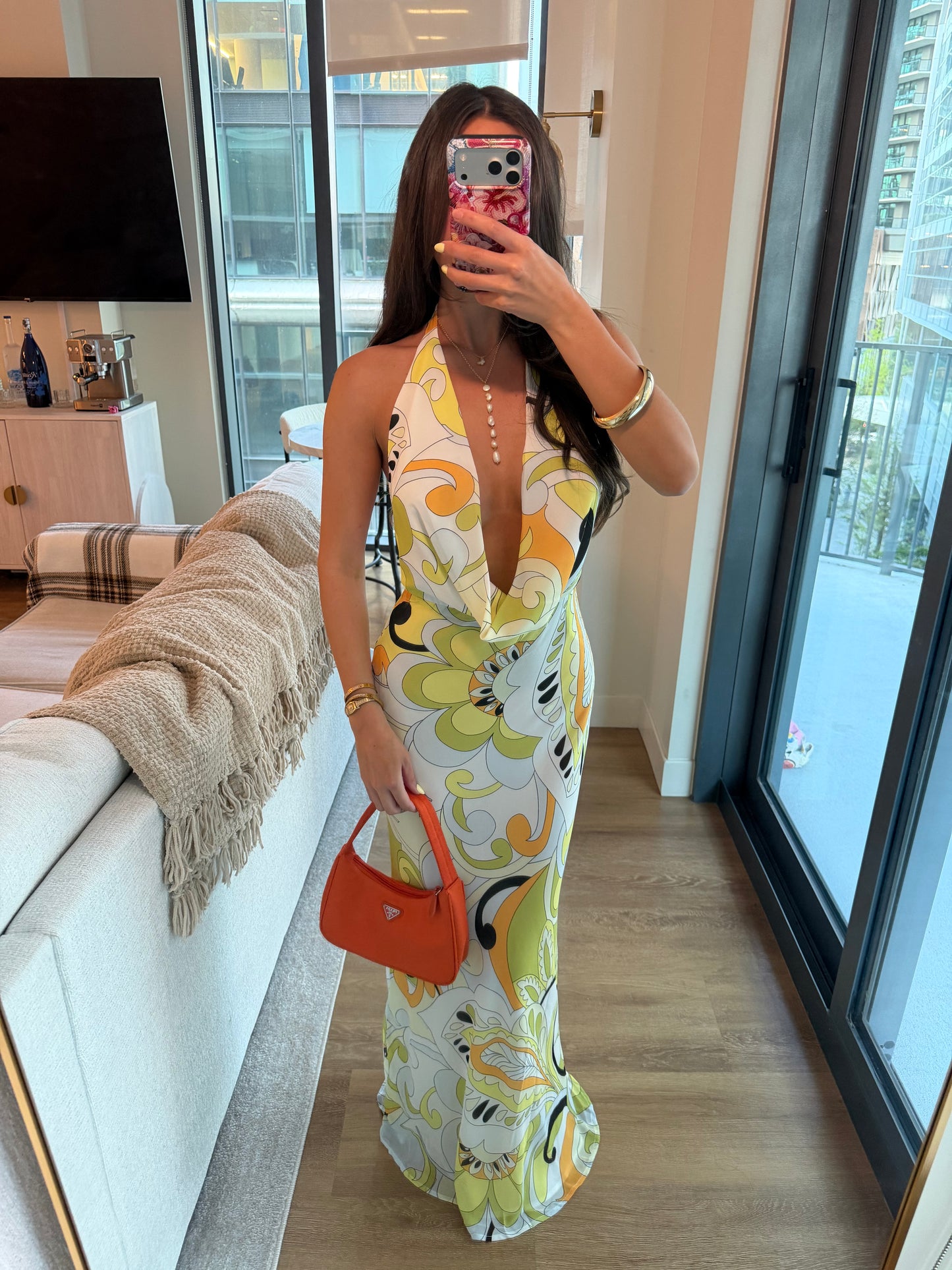 Serafina Plunge Halter Maxi Dress- Pelicano Multi