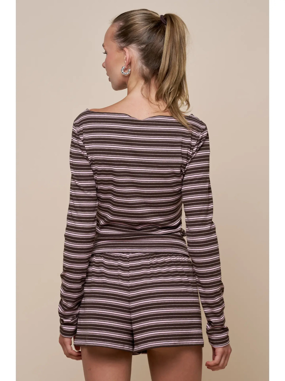 Alicia Stripe Boat Neck Top - PINK/ BROWN