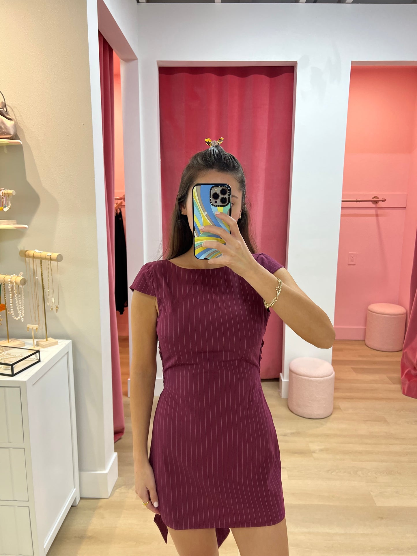 Gemma Pinstripe Back Bow Dress - Wine