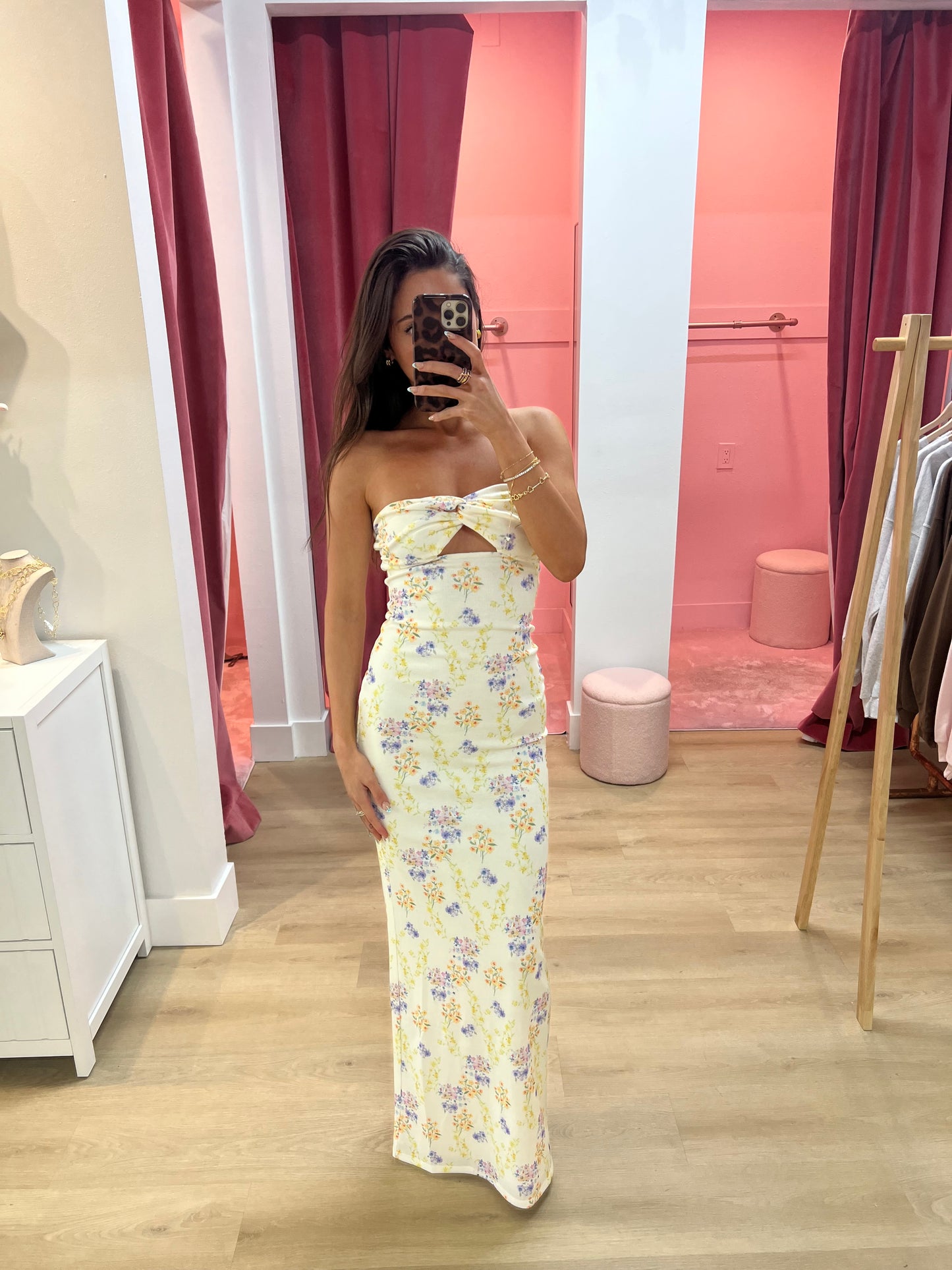 Molly Floral Ribbed Cutout Twist Maxi Dress in Yellow