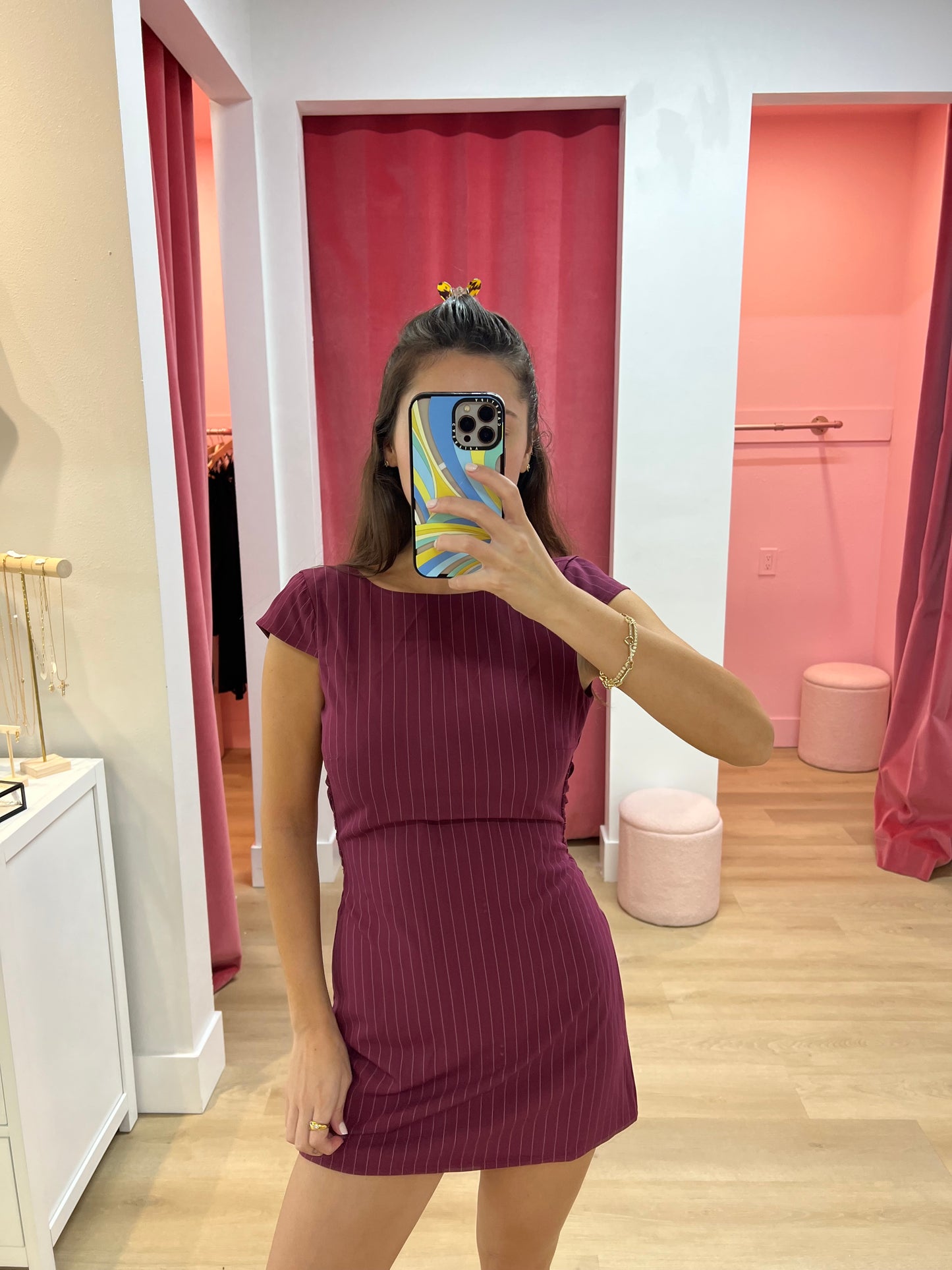 Gemma Pinstripe Back Bow Dress - Wine