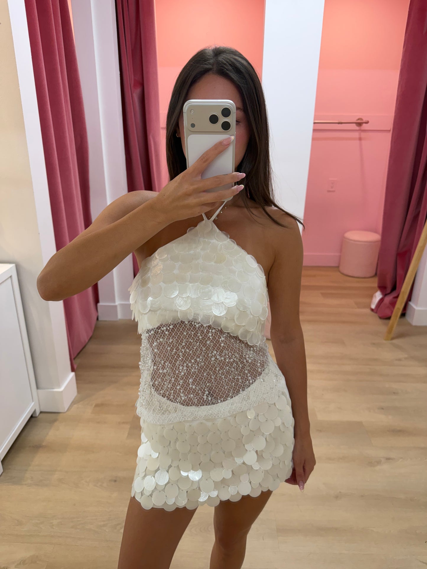 Portofino Pearl Sequin Mesh Halter Top - White