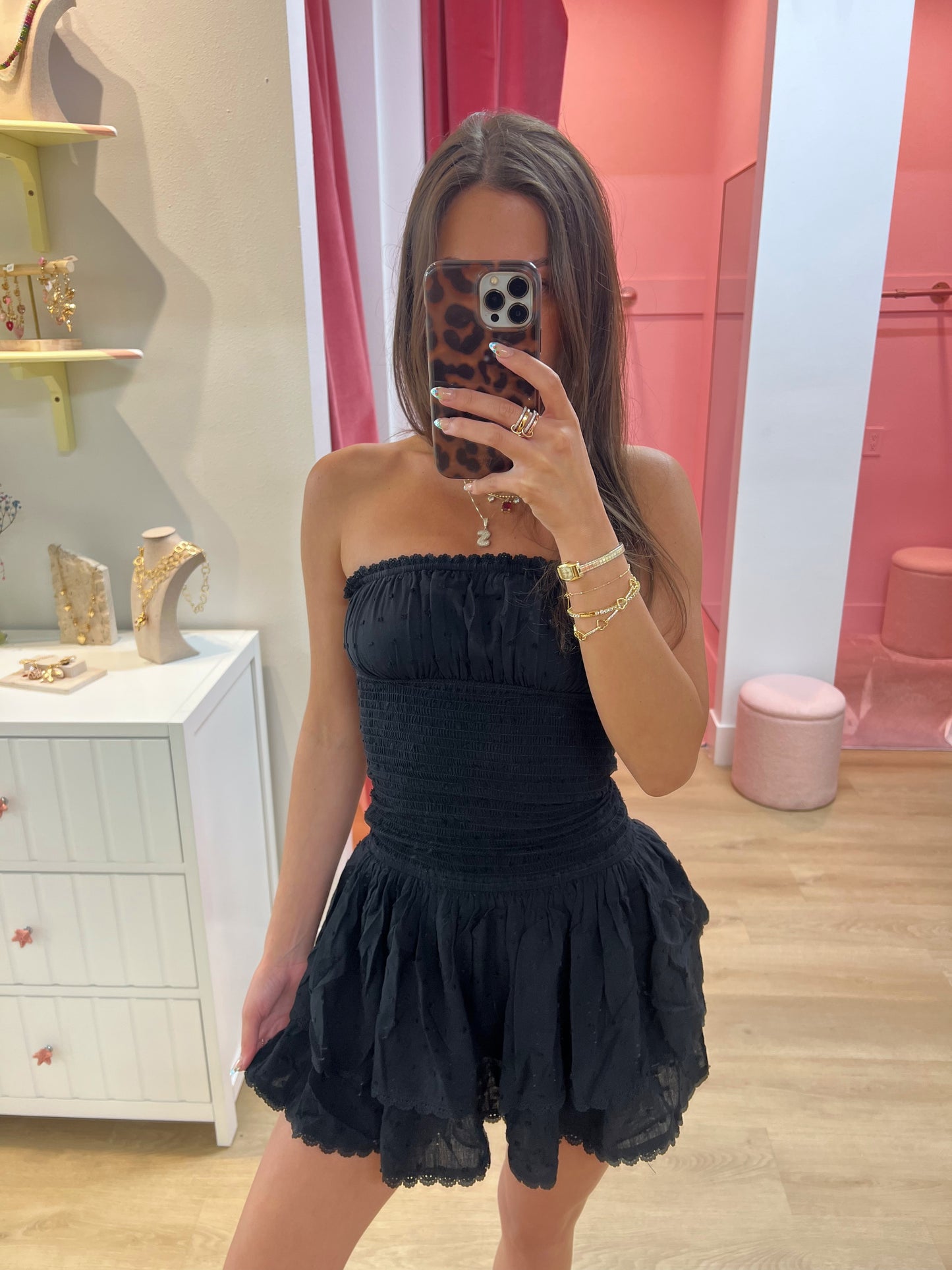 Maria Eyelet Smocked Tube Mini Dress- Black