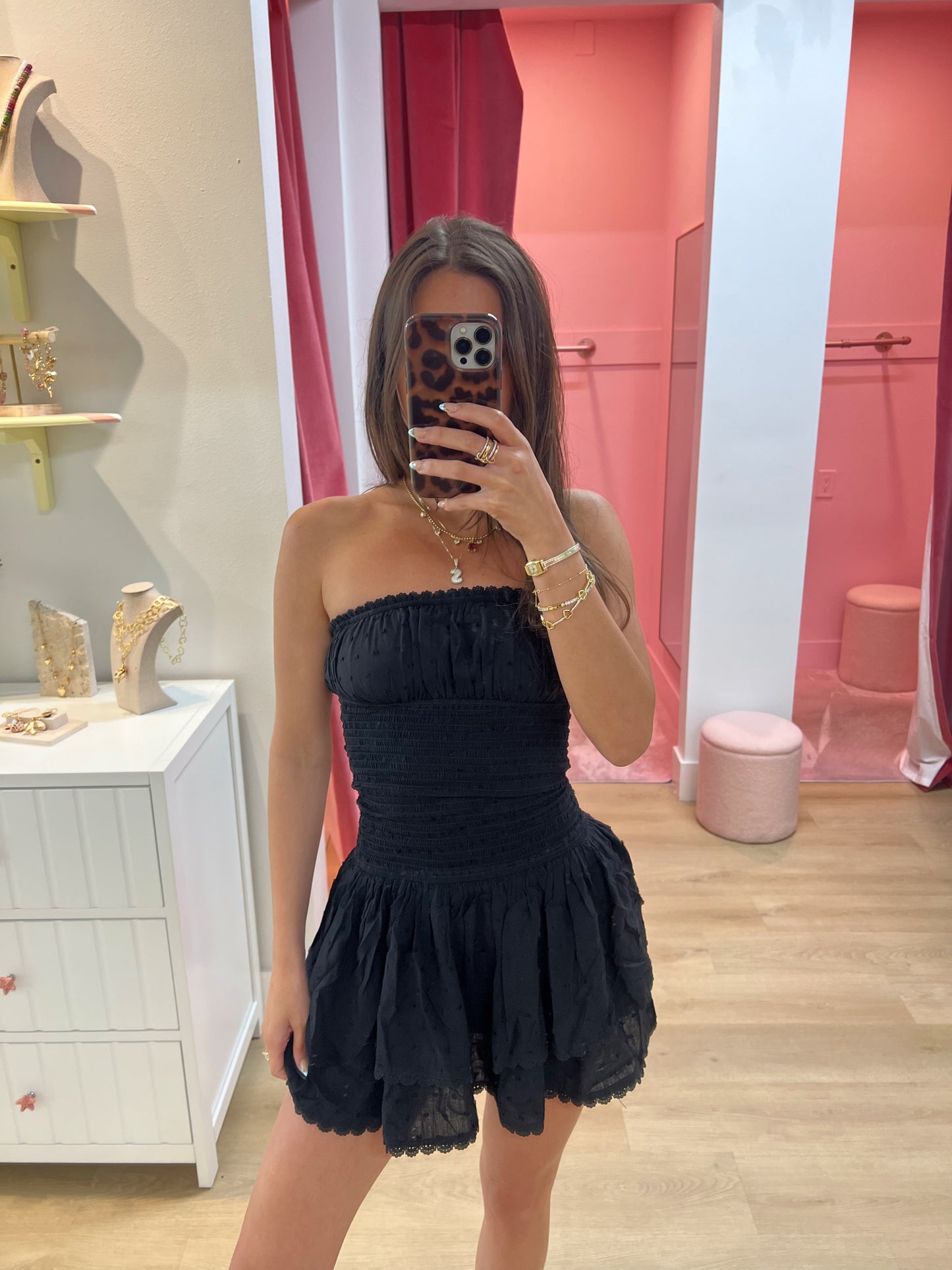 Maria Eyelet Smocked Tube Mini Dress- Black