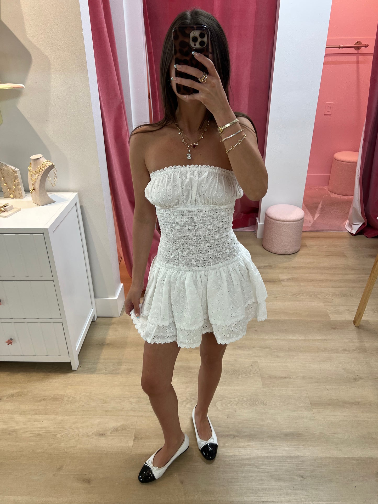 Maria Eyelet Smocked Tube Mini Dress- White