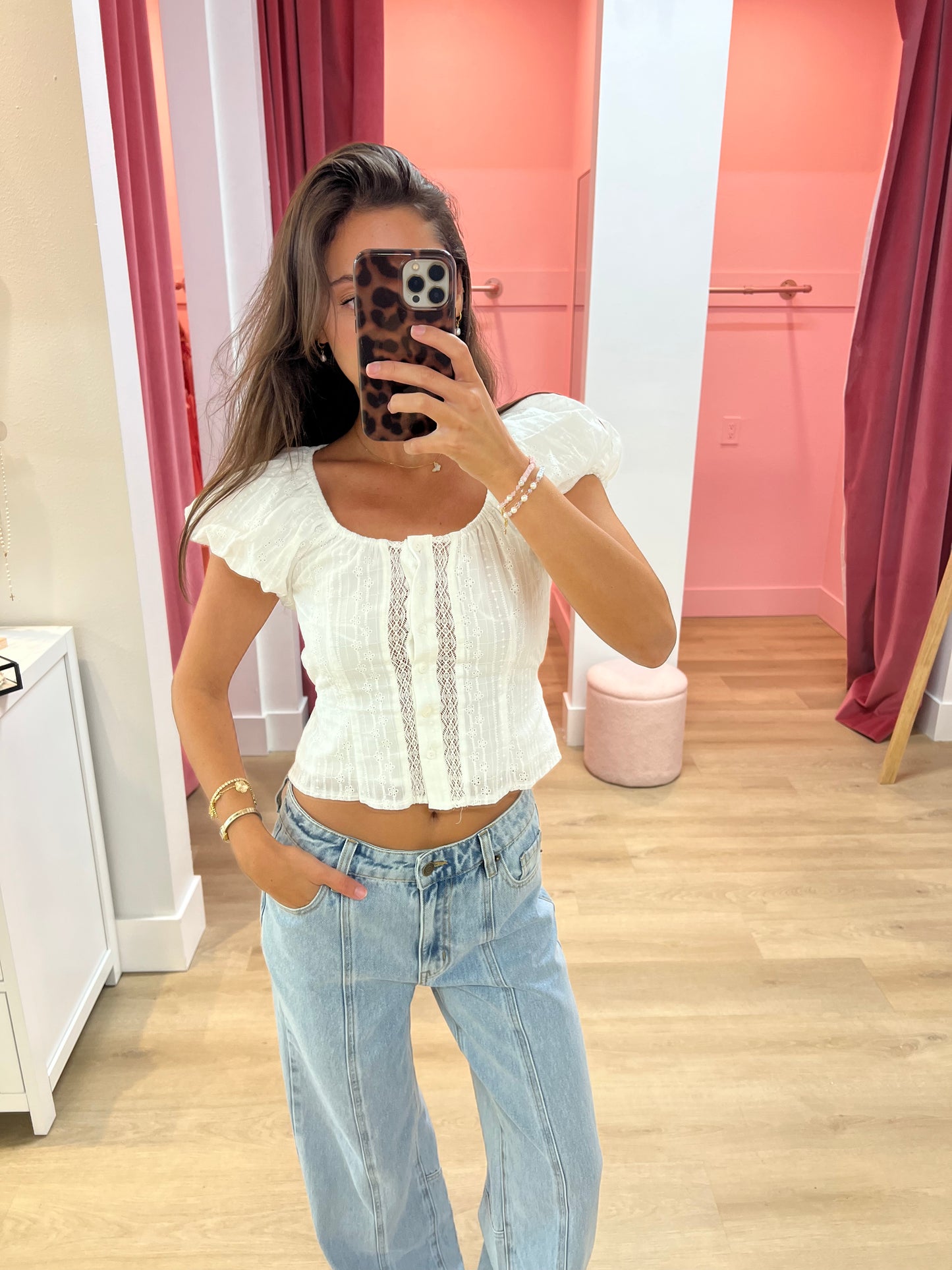 Keira Eyelet Bell Sleeve Top- White