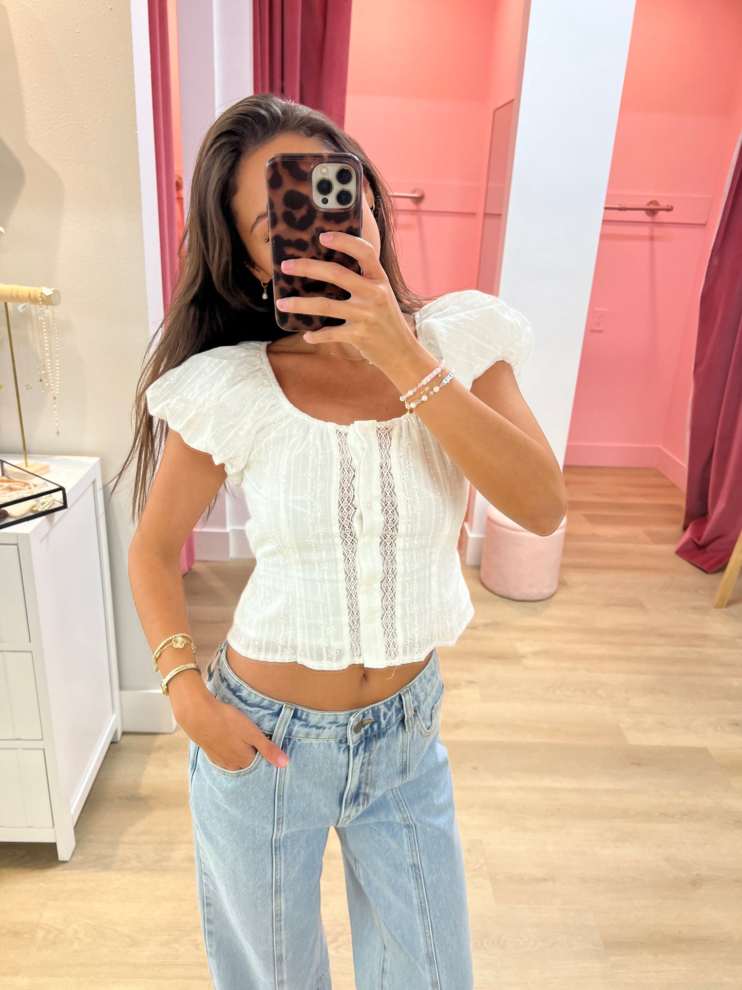 Keira Eyelet Bell Sleeve Top- White