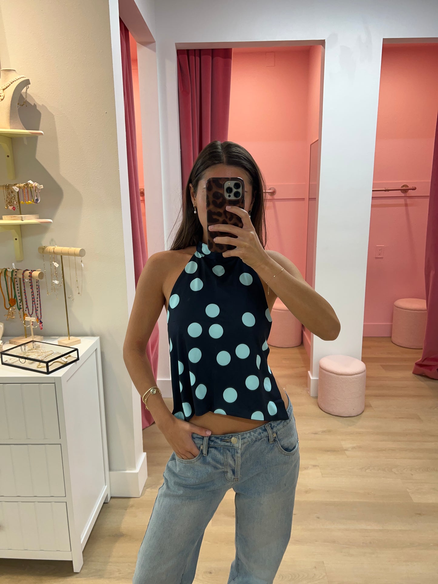Olivia Polka Dot Halter Top - Blue