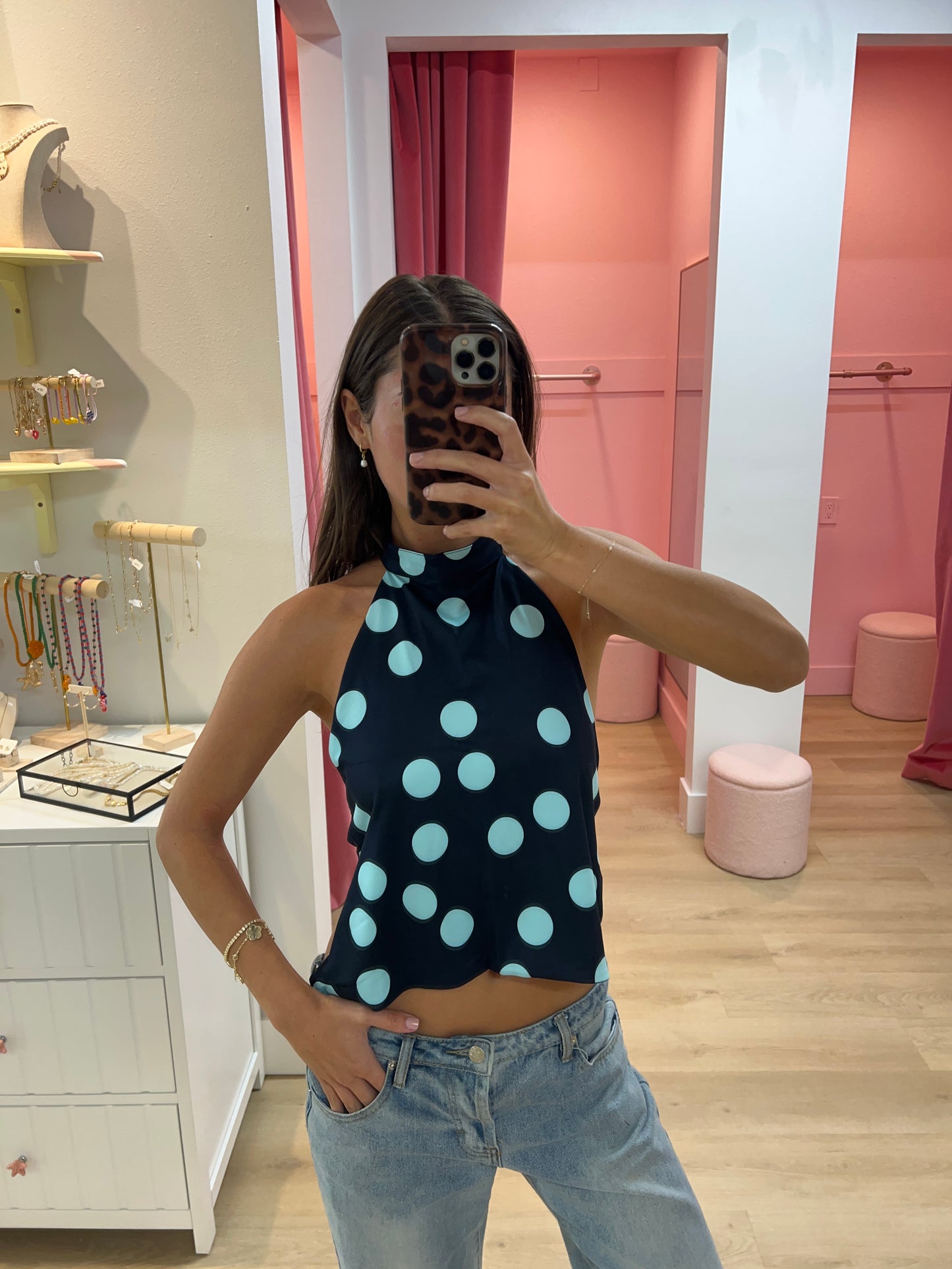 Olivia Polka Dot Halter Top - Blue