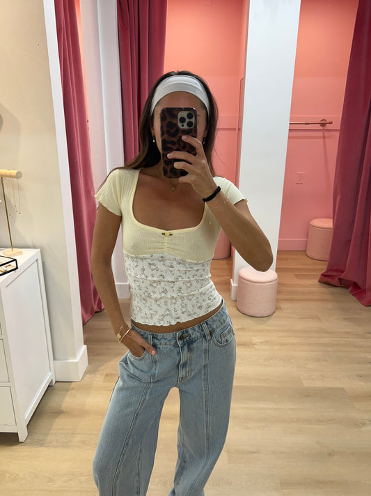 Madeline Pointelle & Stretch Lace Top - Lemon