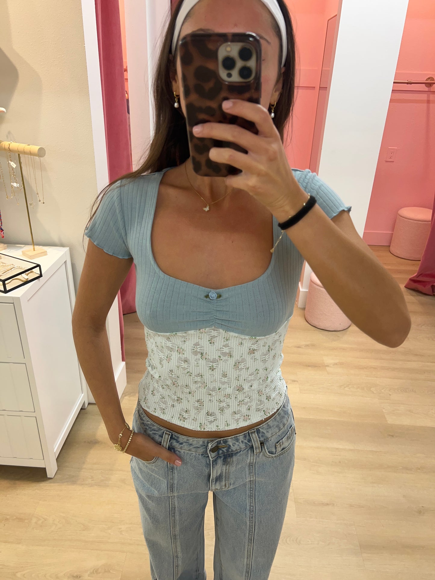 Madeline Pointelle & Stretch Lace Top - Blue