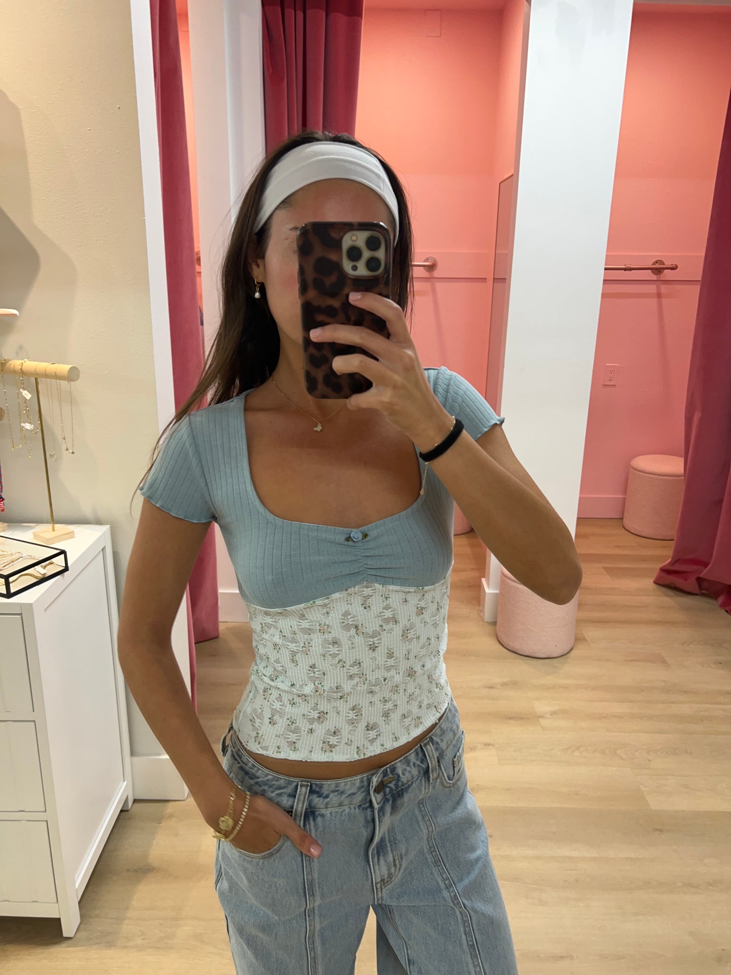 Madeline Pointelle & Stretch Lace Top - Blue