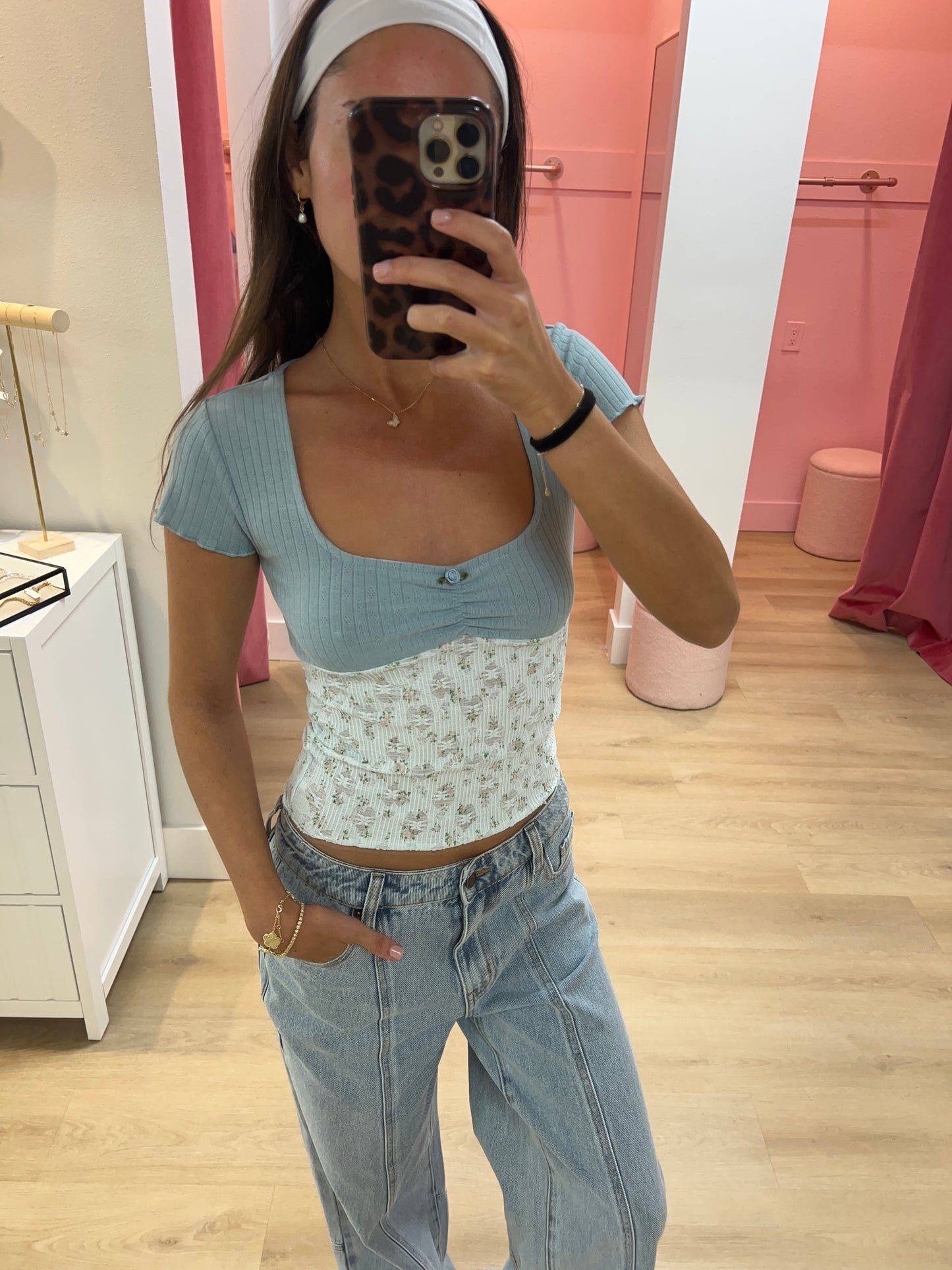 Madeline Pointelle & Stretch Lace Top - Blue