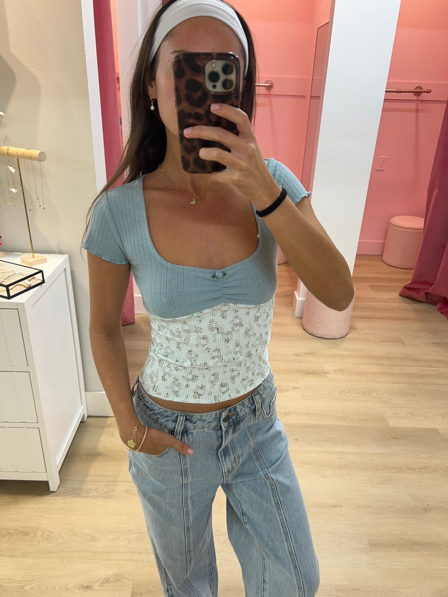 Madeline Pointelle & Stretch Lace Top - Blue