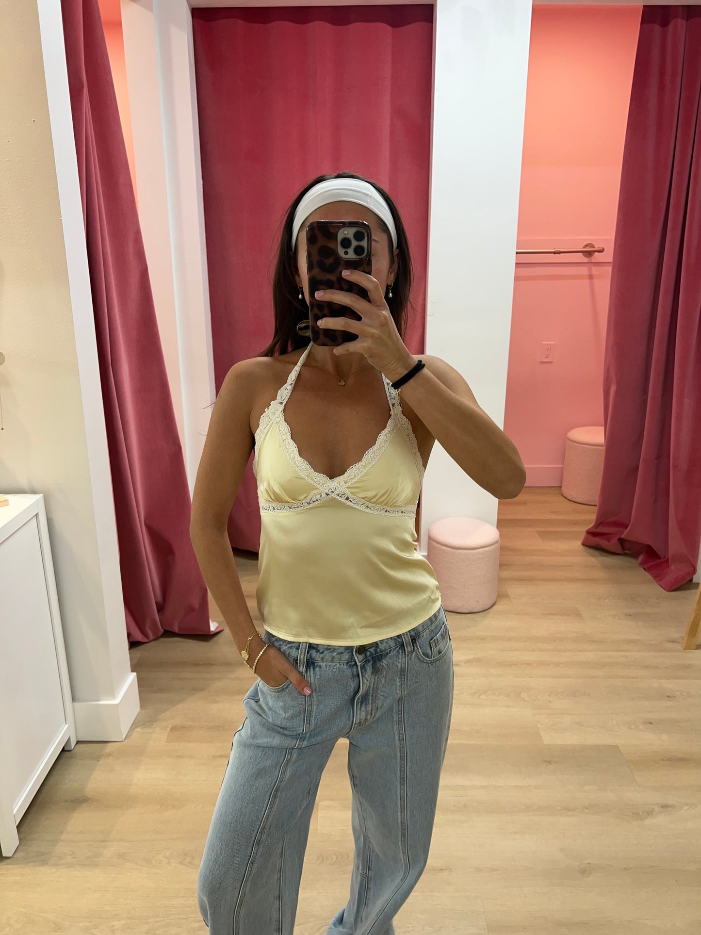 Lacey Satin Halter Top- Yellow