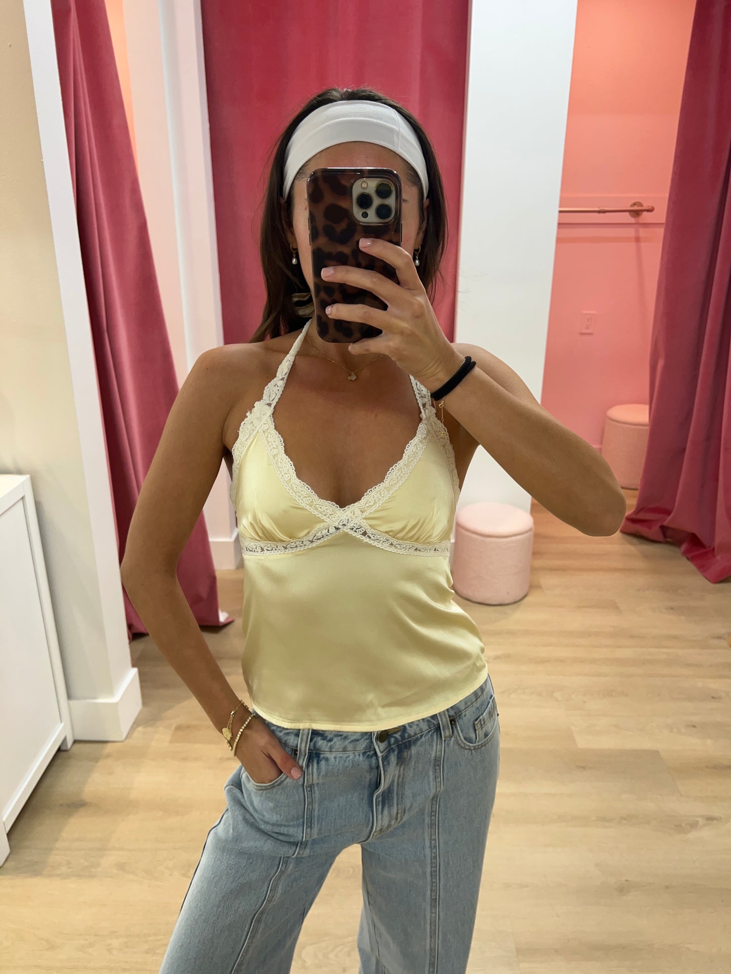Lacey Satin Halter Top- Yellow