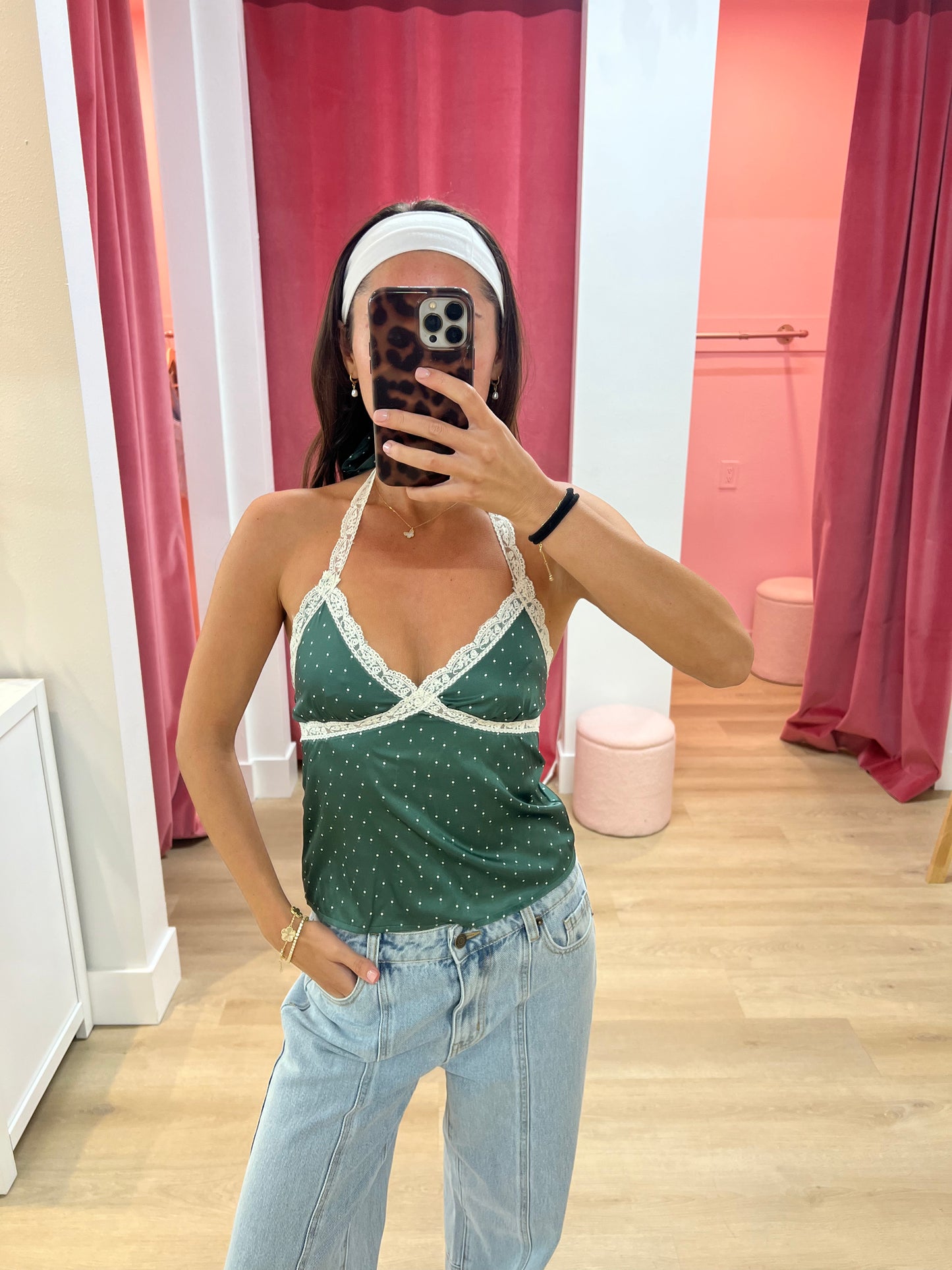 Lacey Satin Halter Top- Pine