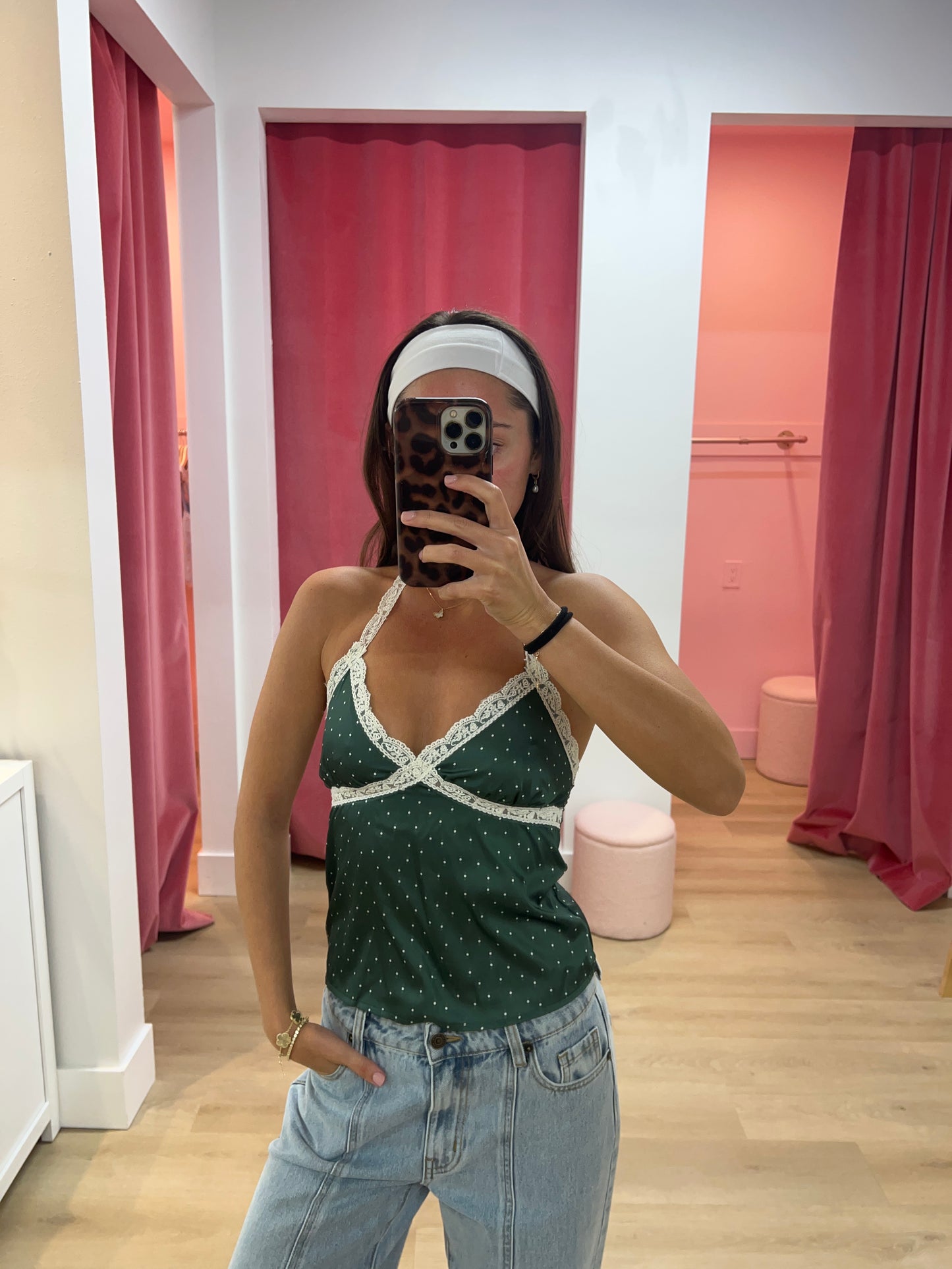 Lacey Satin Halter Top- Pine