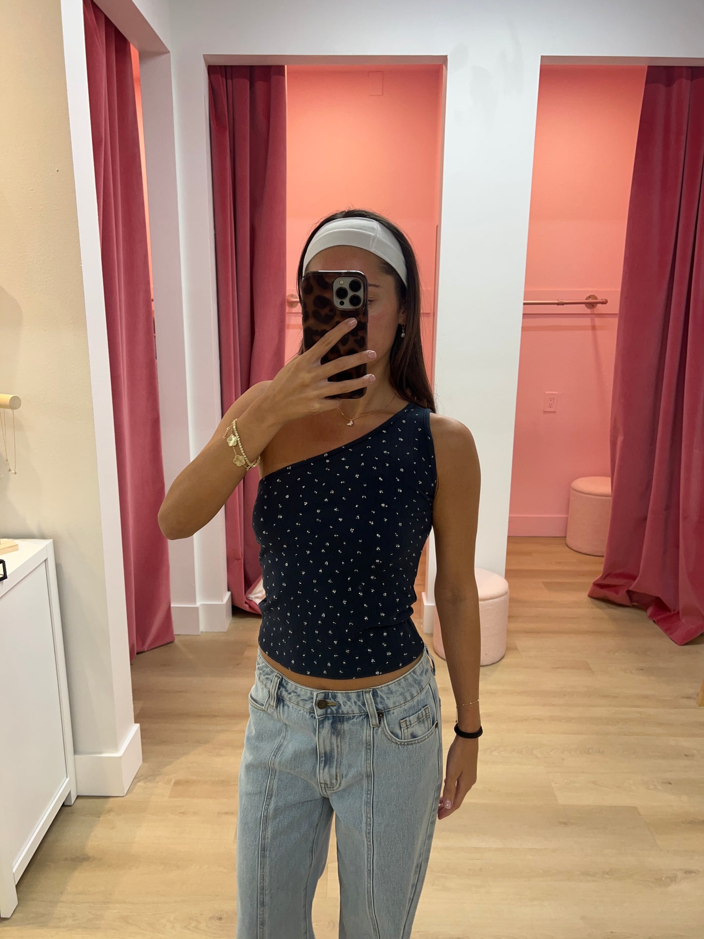 Dalia Pointelle One Shoulder Top - Navy