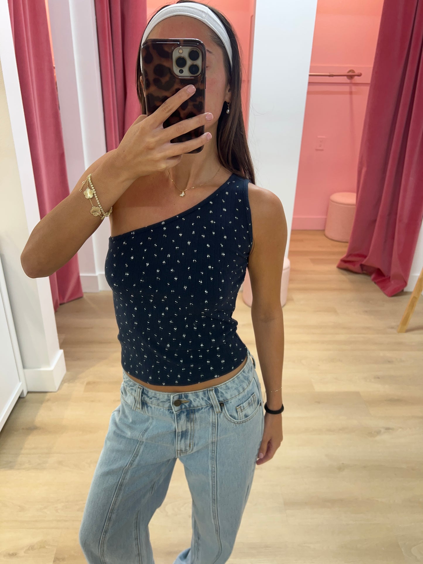 Dalia Pointelle One Shoulder Top - Navy