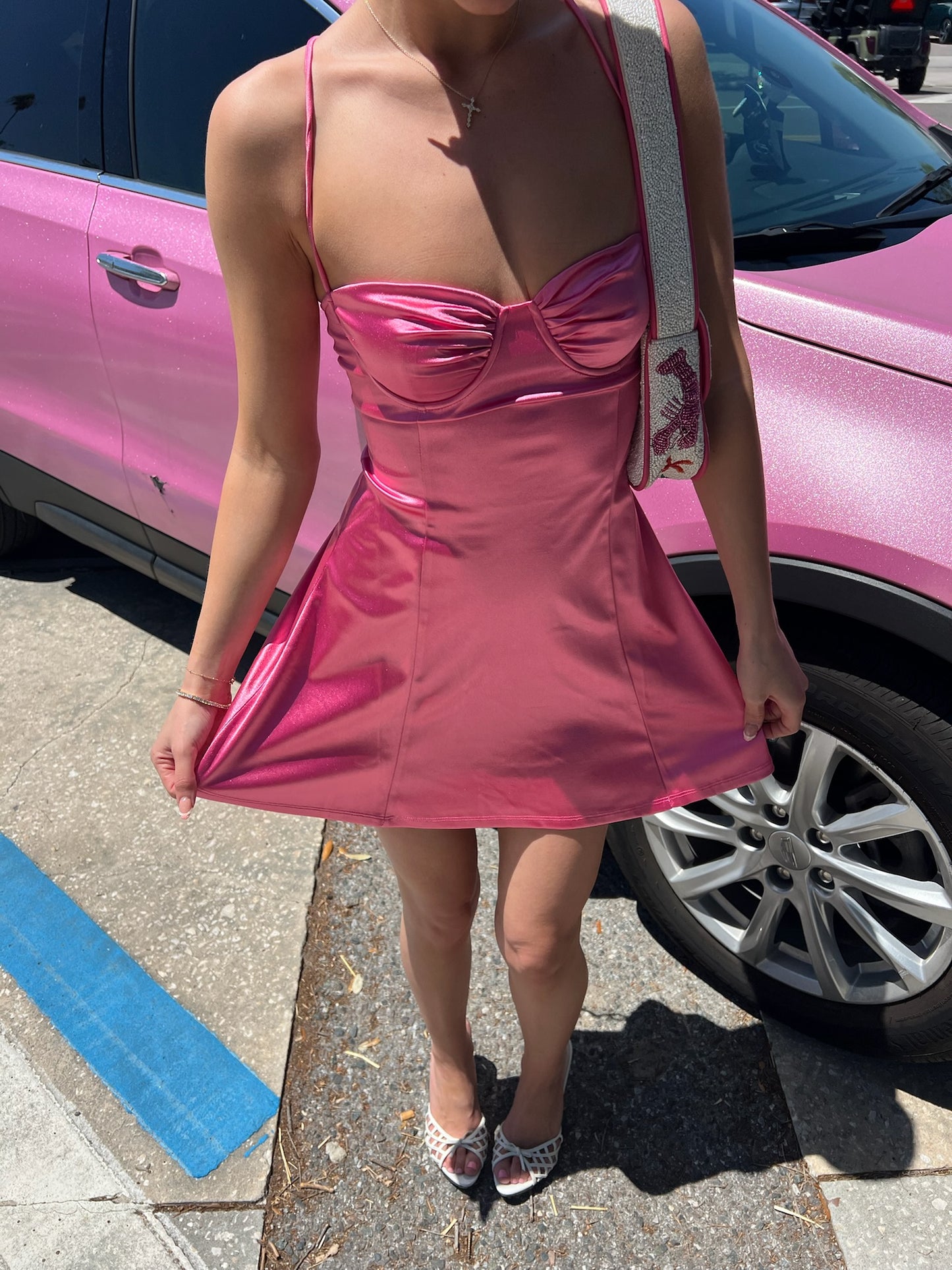 Lainey Satin Fit and Flare Dress in Magenta