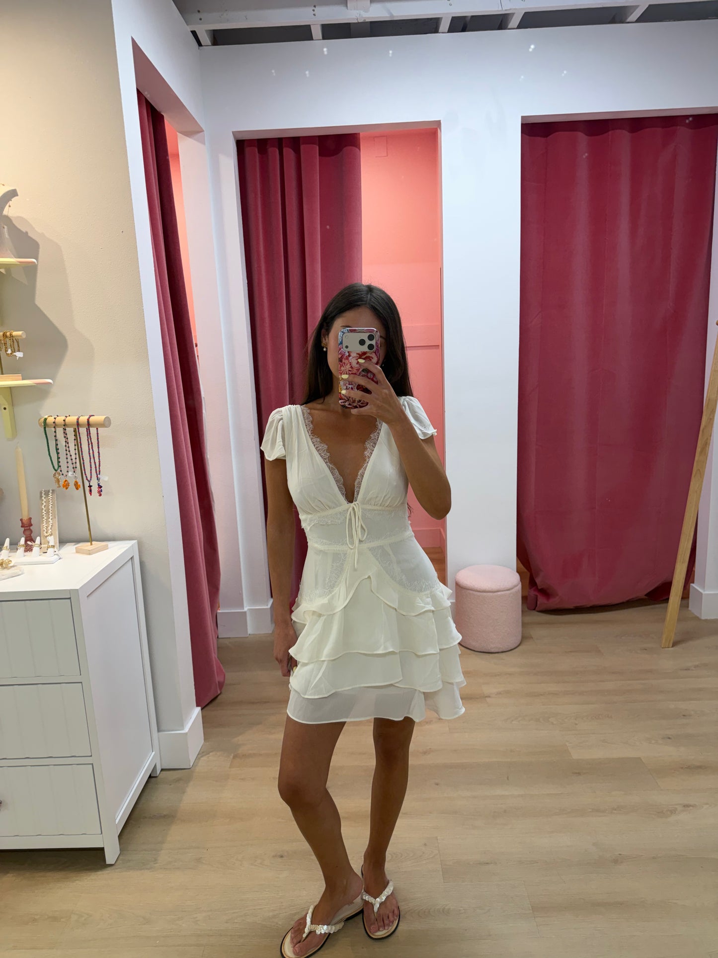 Beatrice Lace Trim Tiered Mini Dress