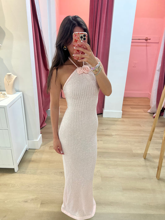 Cataleya Crochet Halter Maxi Dress - Pink