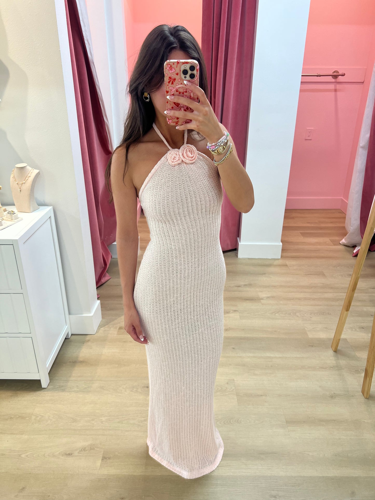 Cataleya Crochet Halter Maxi Dress - Pink