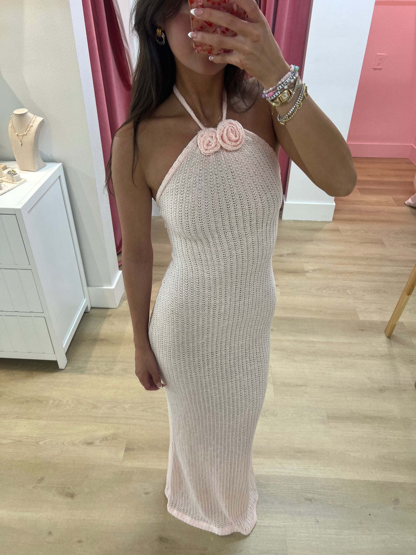 Cataleya Crochet Halter Maxi Dress - Pink