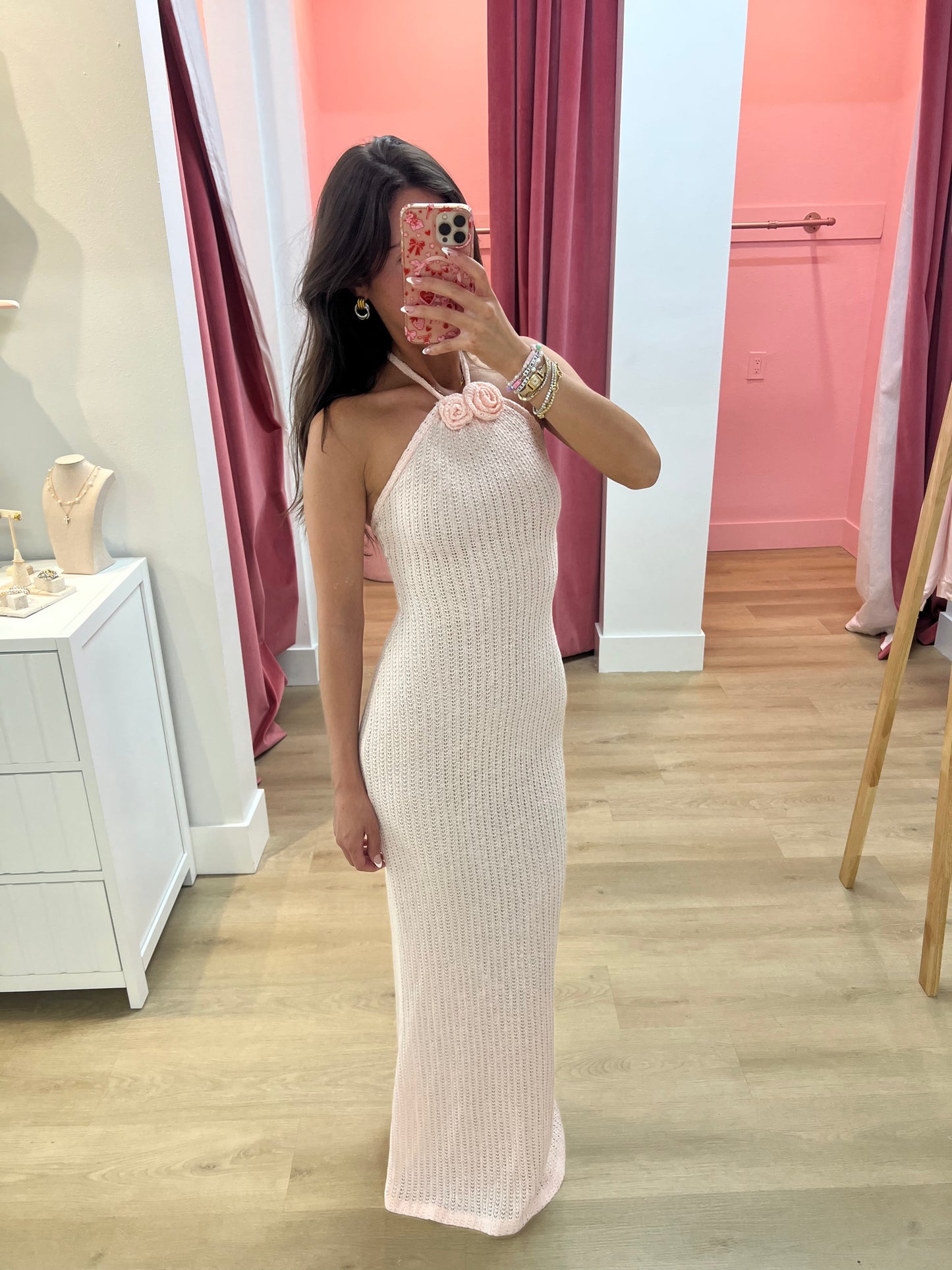 Cataleya Crochet Halter Maxi Dress - Pink