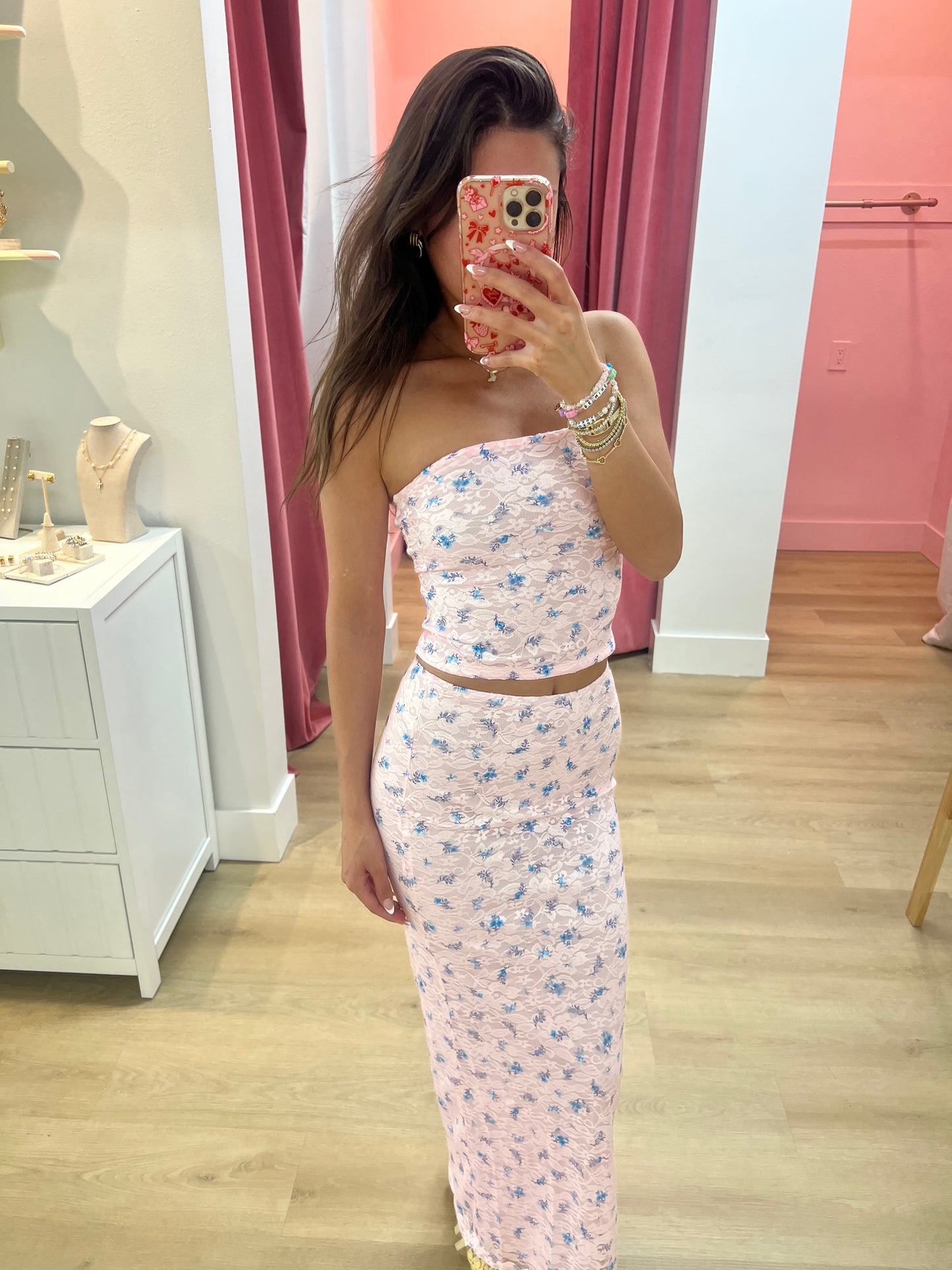 Dahlia Strapless Floral Lace Set - Pink