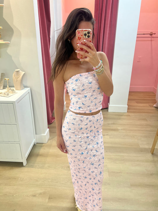 Dahlia Strapless Floral Lace Set - Pink