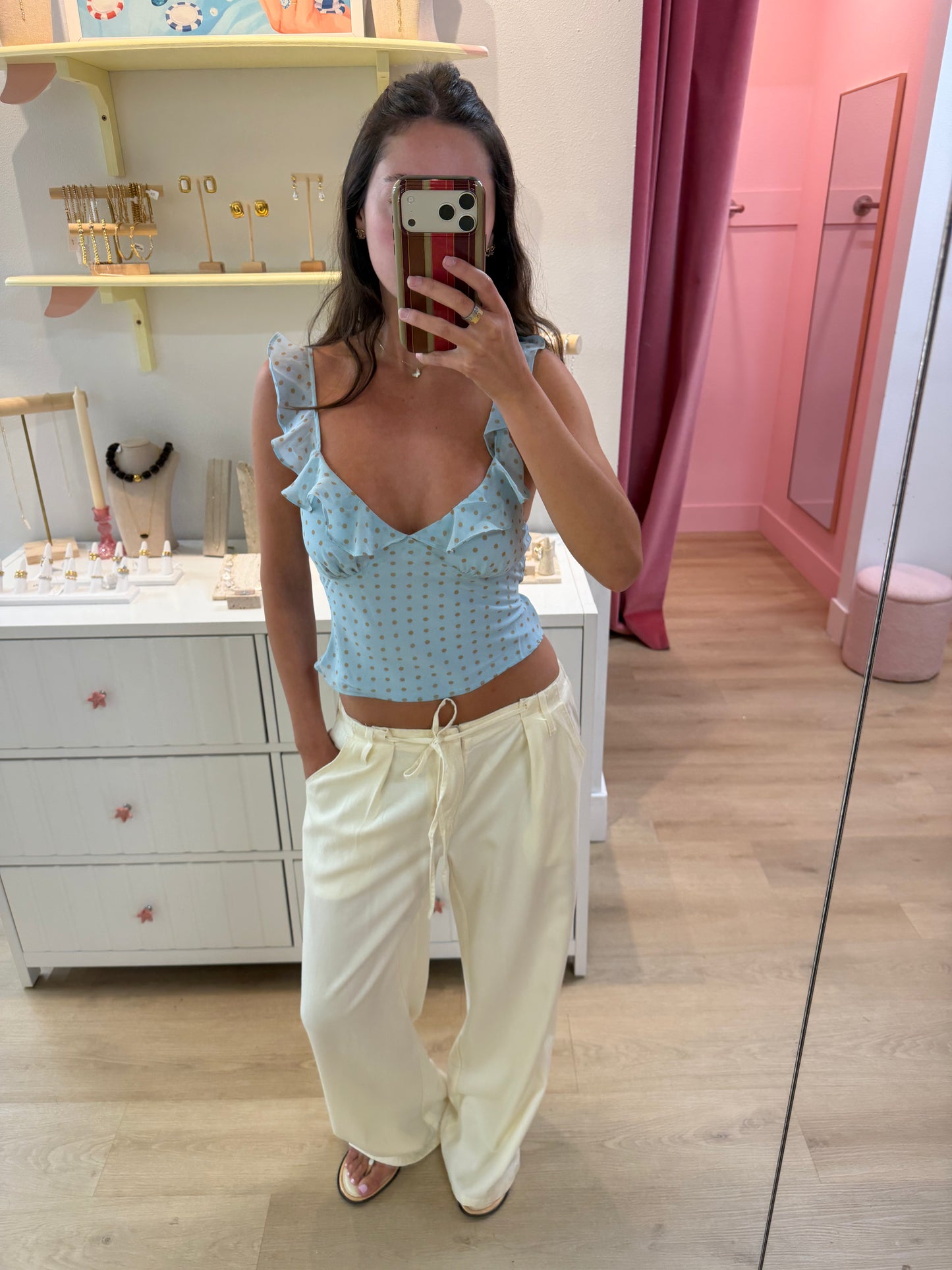 Kitty Ruffle Top - Blue Polka