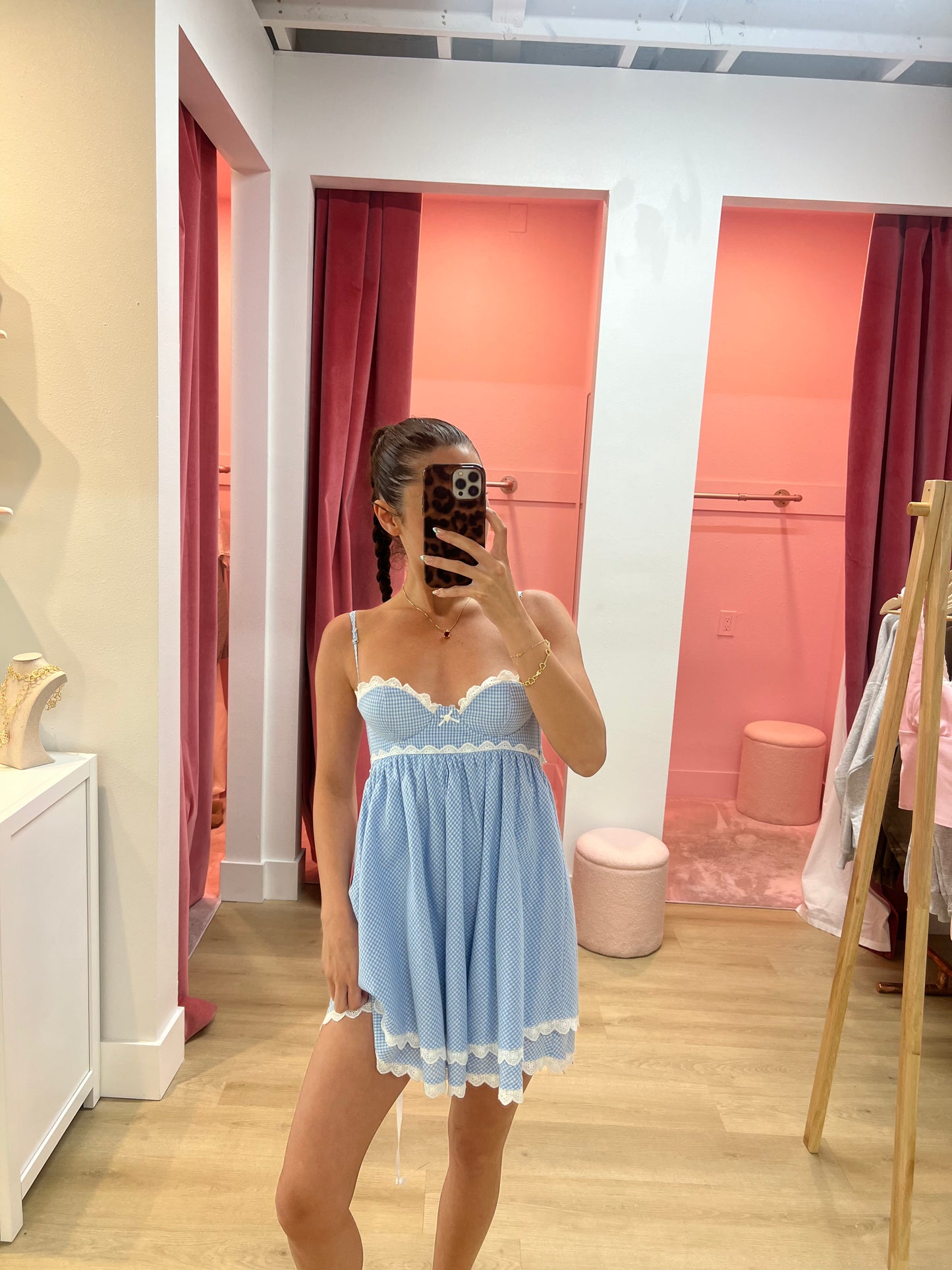 CHECKER PRINT LACE TRIM CAMI MINI DRESS