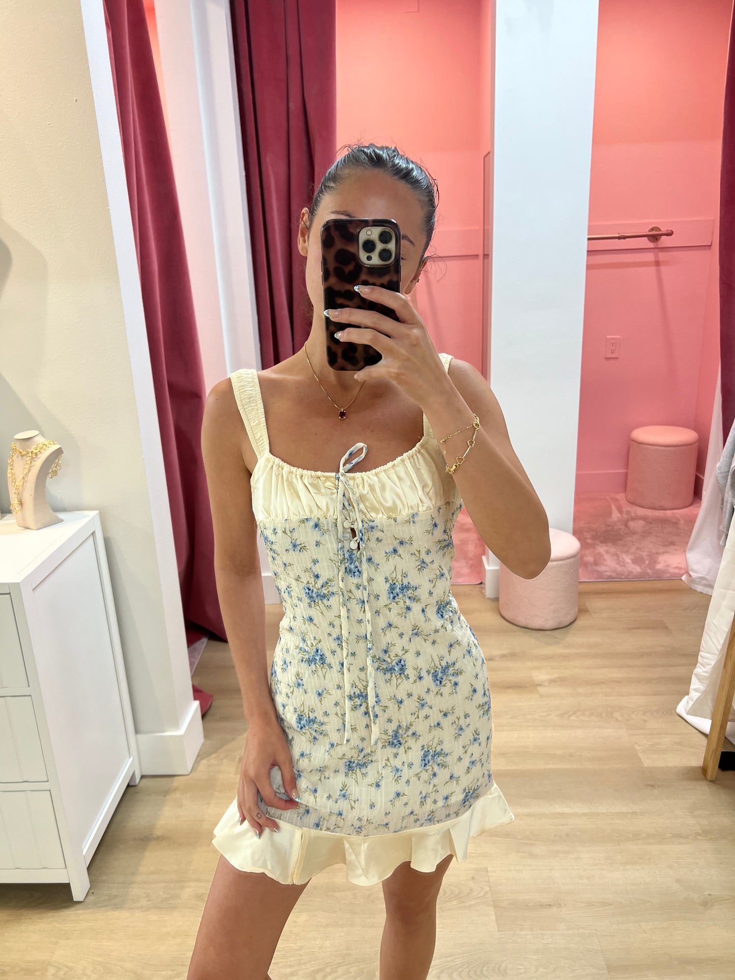 FLORAL PLEATS WOVEN MINI DRESS
