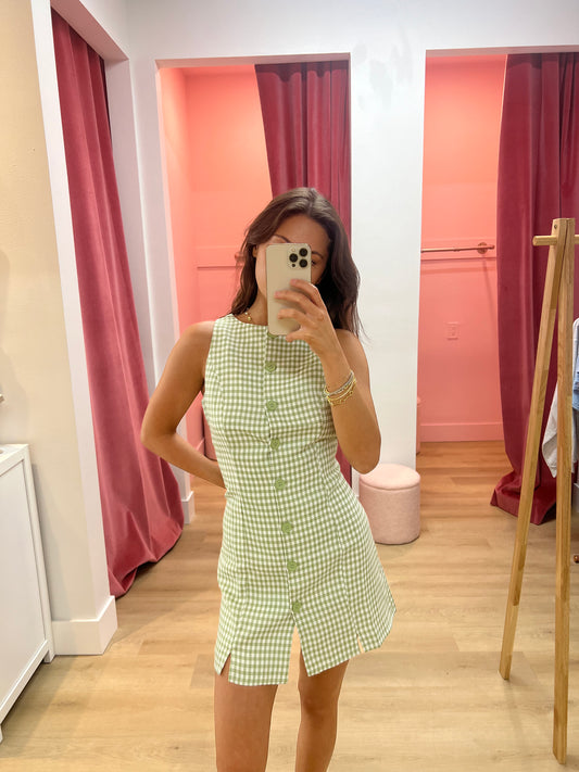 Chloe Gingham Button Mini Dress - Green