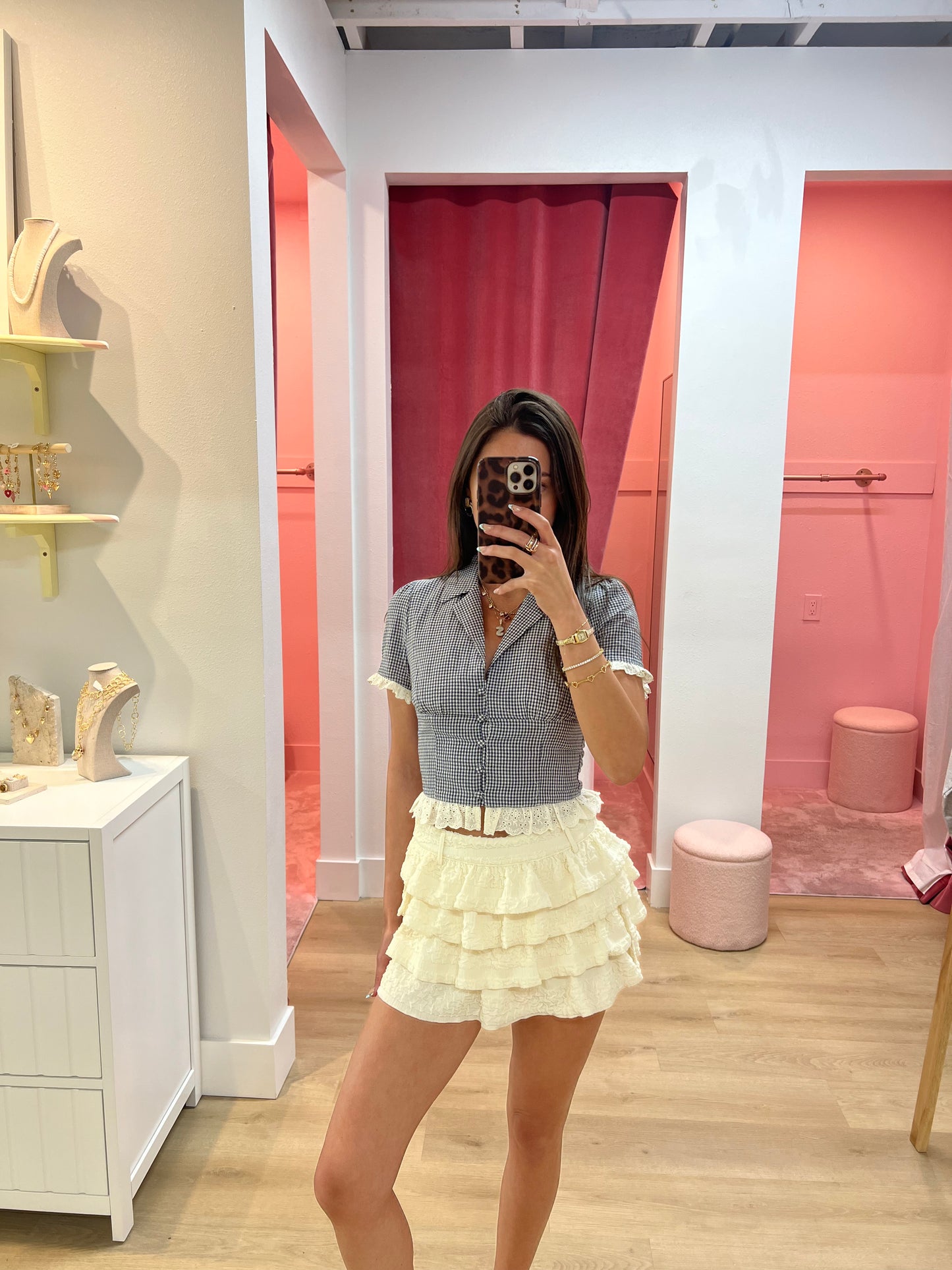 Julia Gingham Eyelet Trim Button-up Top