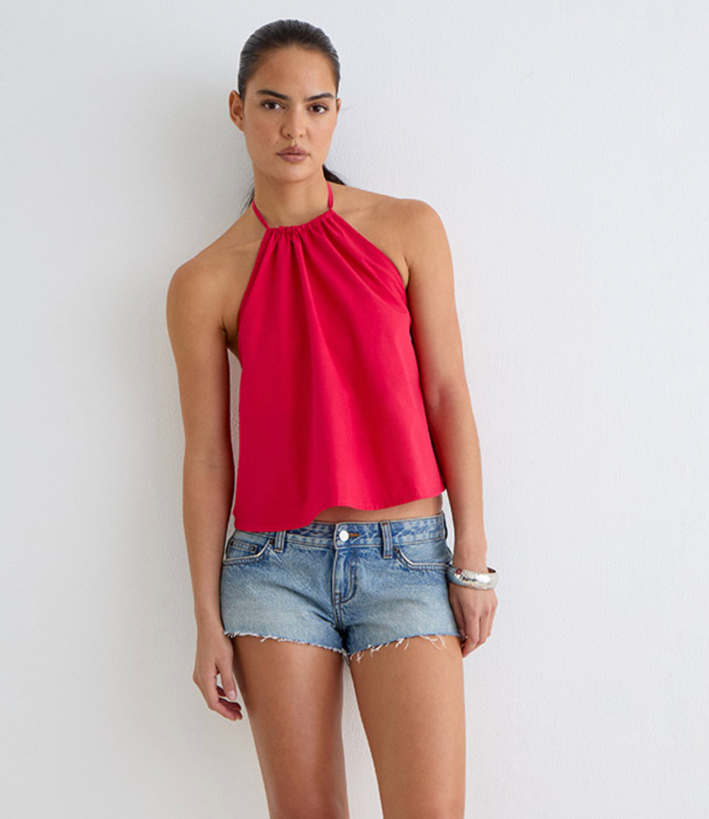 Arielle Poplin Halter Top - Cherry