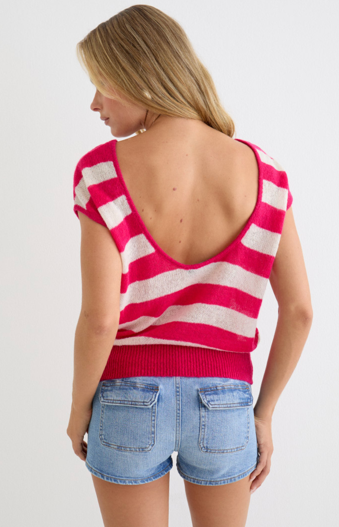 Lori Striped Knit Top - raspberry/beige