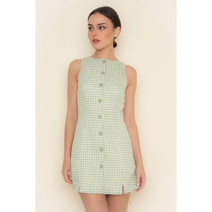 Chloe Gingham Button Mini Dress - Green