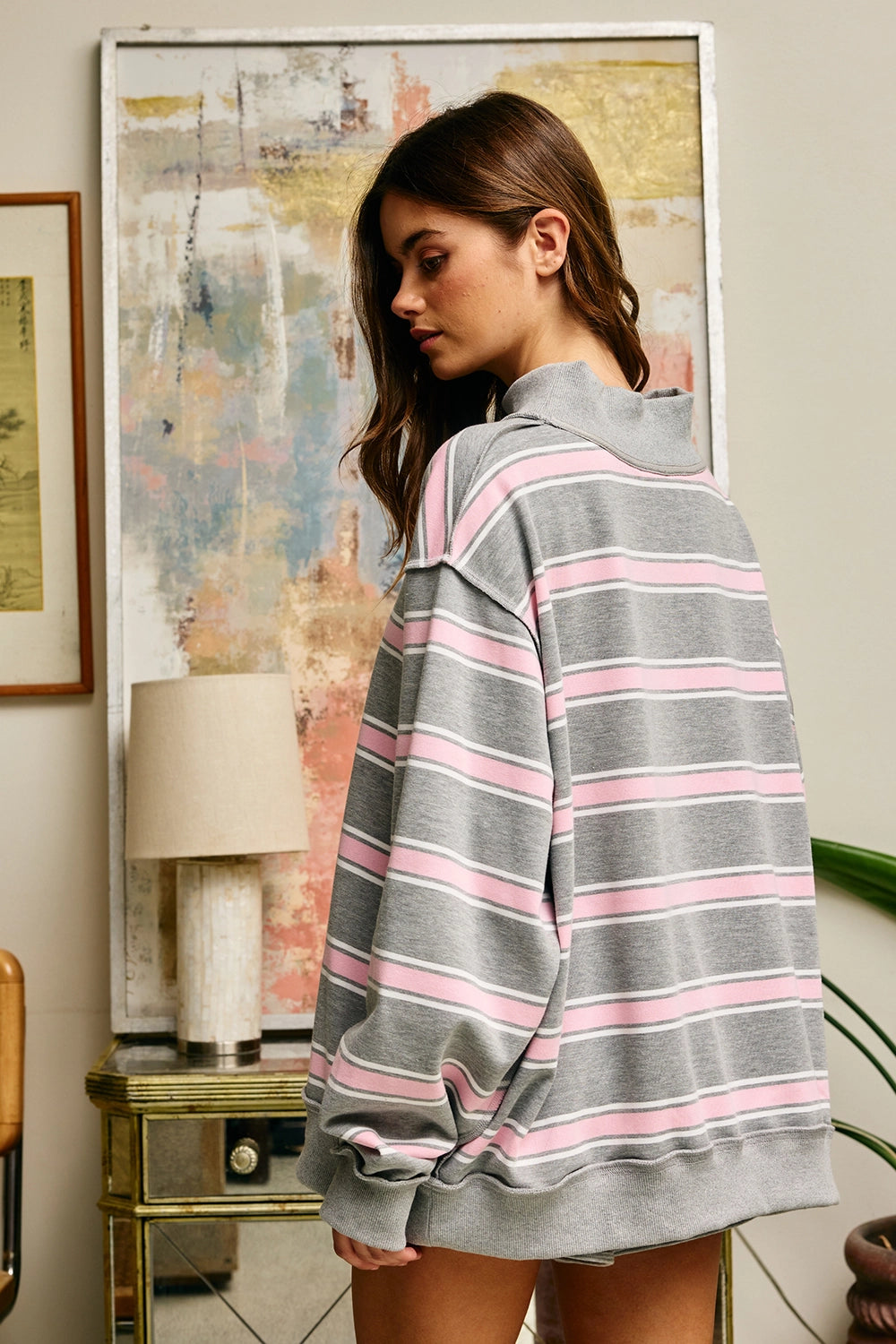 Sloane Mock Neck Sweatshirt- Pink Stripe